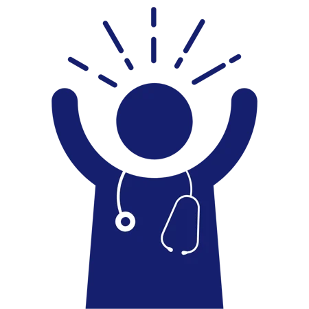 A simplified illustration of a person with a stethoscope around their neck, raising their arms with lines indicating
