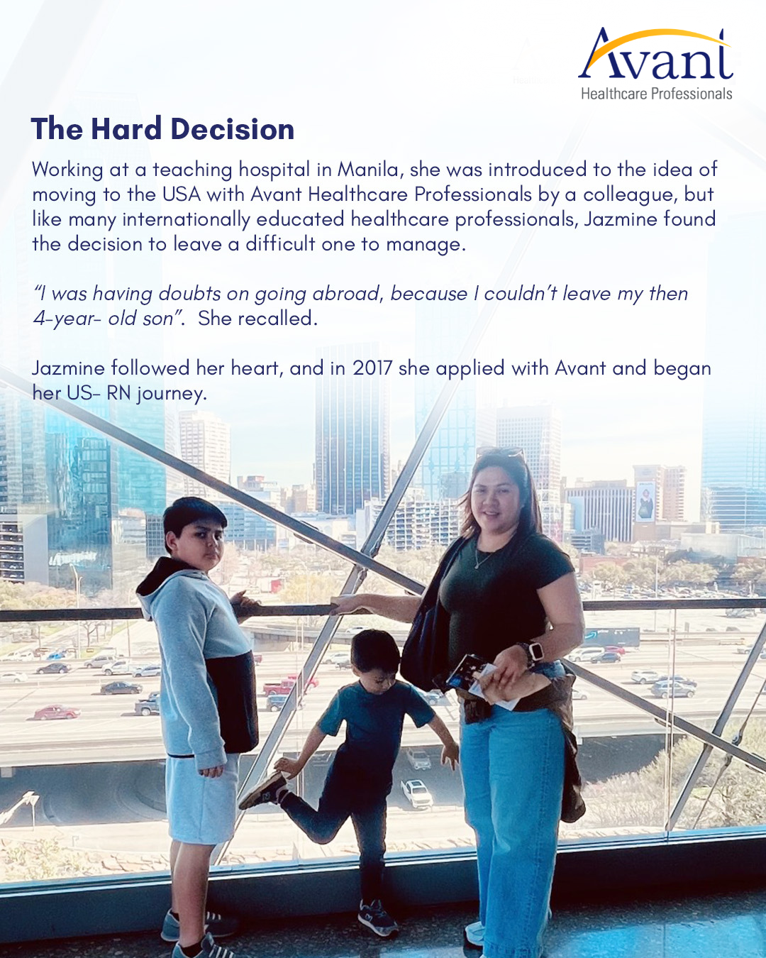 A woman with two children stands in front of a cityscape window, one child holding her hand and the other balancing on one