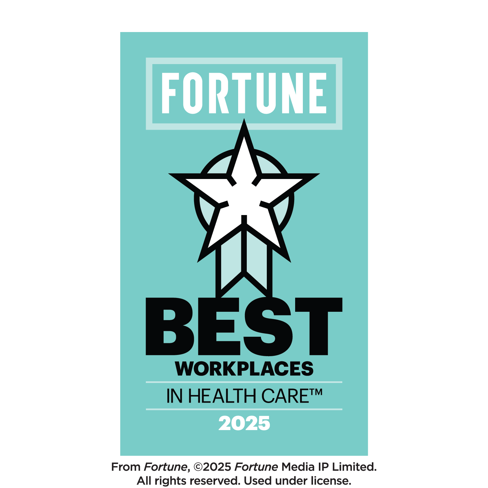 A badge design featuring a star and arrow with the text "2025 Fortune-Healthcare Best Workplaces in Health Care."