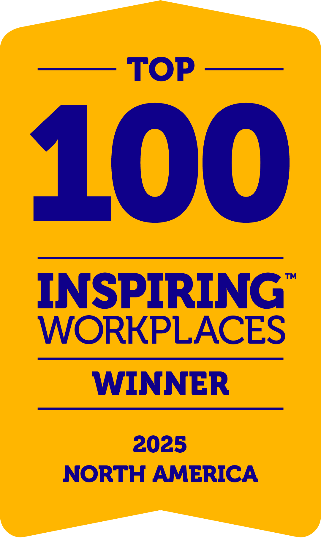 A yellow badge with bold blue text reading "Top 100 Inspiring Workplaces Winner" for North America 2025.