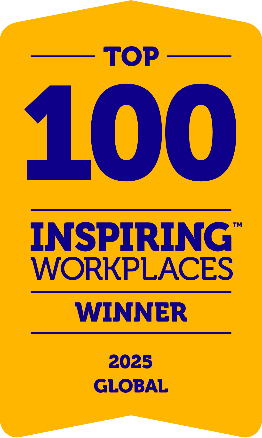 A yellow badge with bold blue text recognizing the "2025 Top 100 IW Global Inspiring Workplaces" winner.