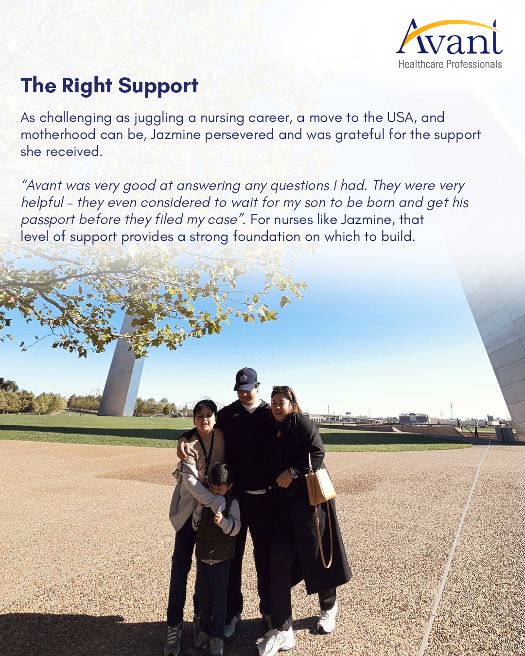 A family of four stands outdoors under a tree with the Louvre Museum in the background on a sunny day.
