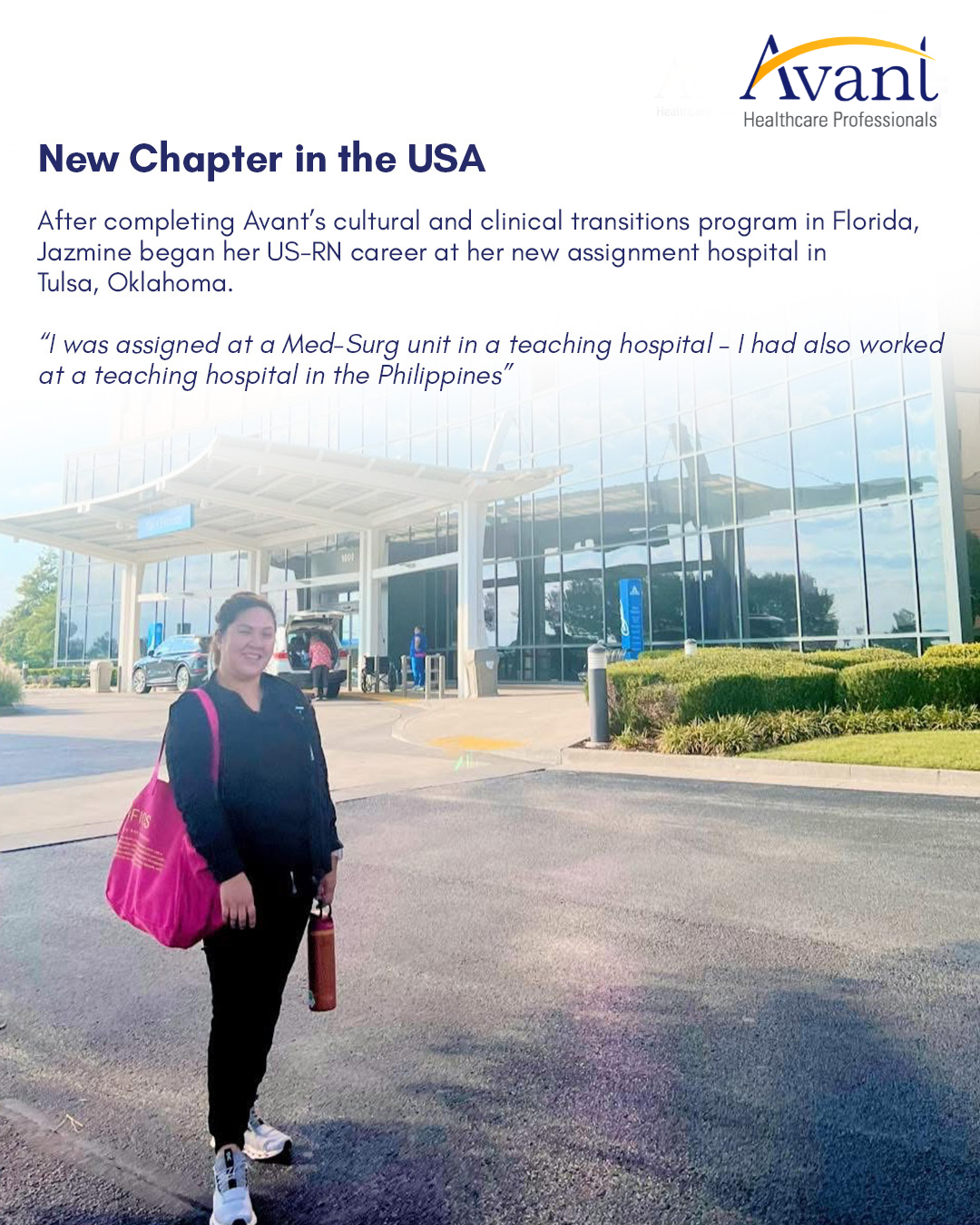A woman with a pink bag and water bottle stands outside a modern hospital building with glass walls and a covered entrance.