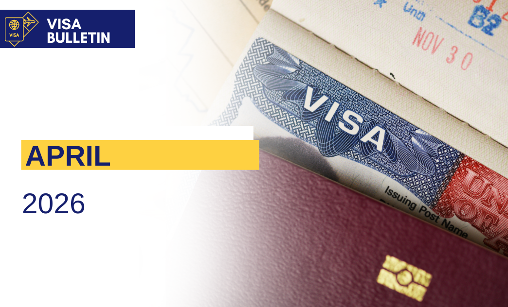 A visa bulletin cover page for April 2026, featuring a close-up of a blue visa and a passport.