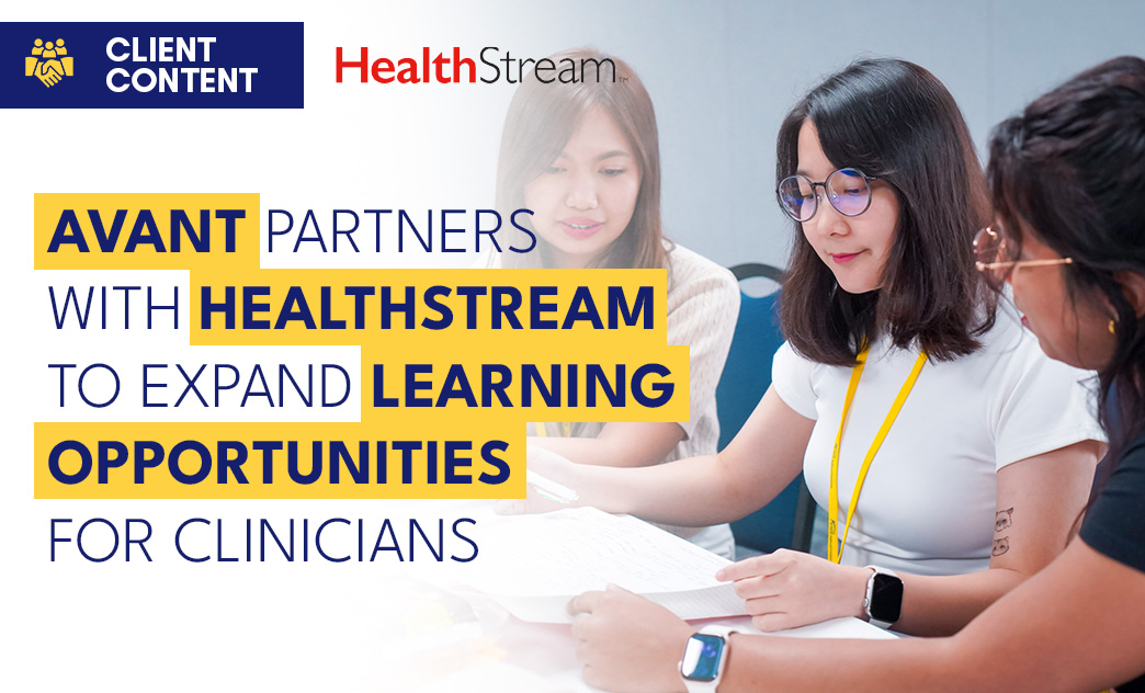 Three women in a meeting, reviewing documents, with text highlighting a partnership between AVANT and HealthStream to expand