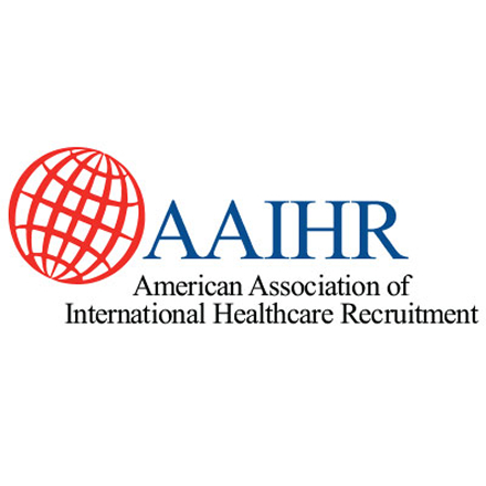 The logo features a red globe icon next to the blue text "AAHR" and the full name "American Association of International