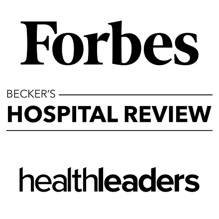 The image features the Forbes Hospital Review logo with the words "HOSPITAL REVIEW" and "health leaders" beneath it.