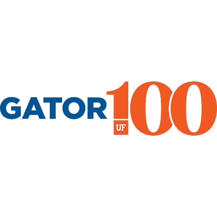 The logo features the words "GATOR" in blue, "UF" in white within a small orange box, and "100" in large orange numbers.