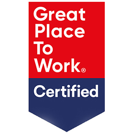A badge with a red top section reading "Great Place To Work" and a blue bottom section with "Certified" indicating workplace