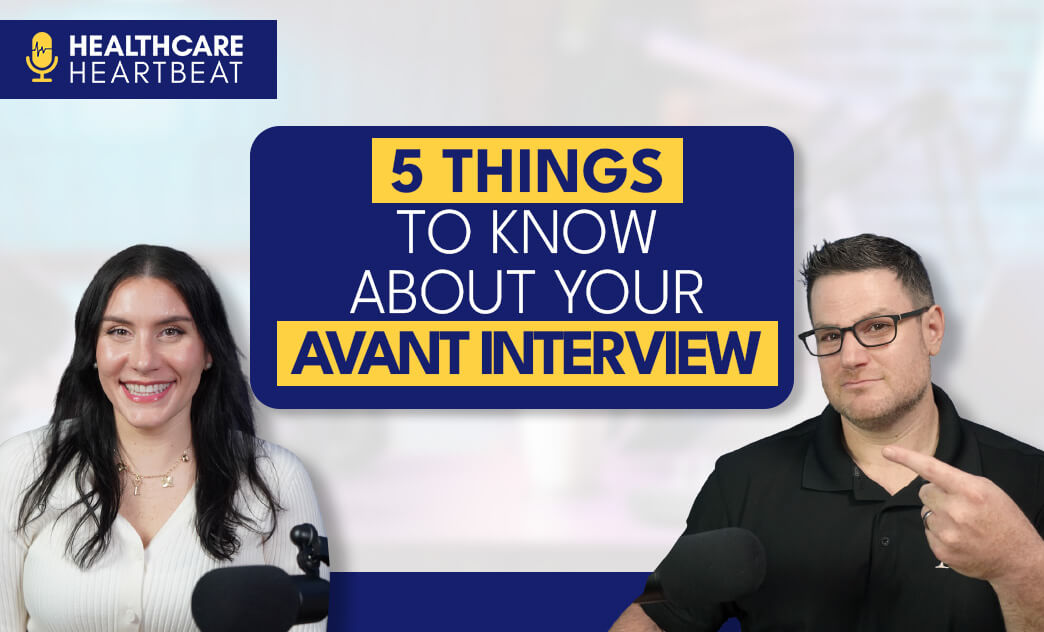 Two hosts, a smiling woman and a man with glasses pointing, sit beside a sign that reads "5 Things to Know About Your Avant