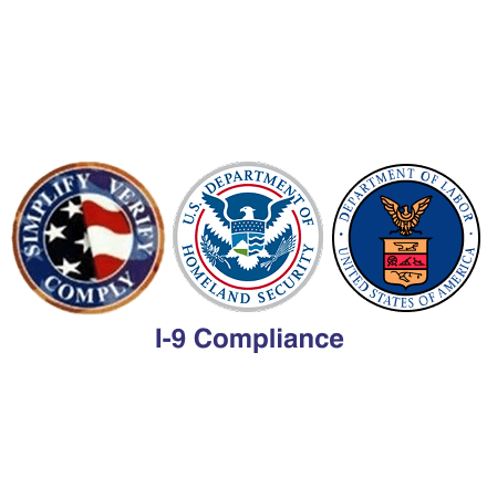 The image features three circular logos of U.S. government agencies related to I-9 compliance, with the text "I-9