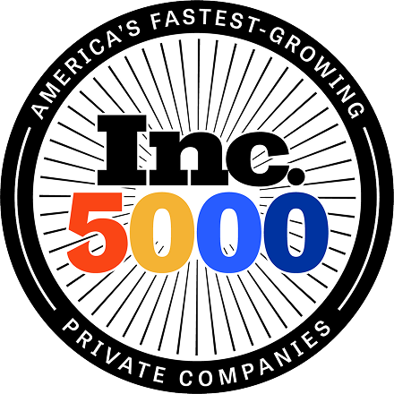 The logo features "Inc. 5000" with "5000" in red, orange, and blue, surrounded by a black circular border with white text.