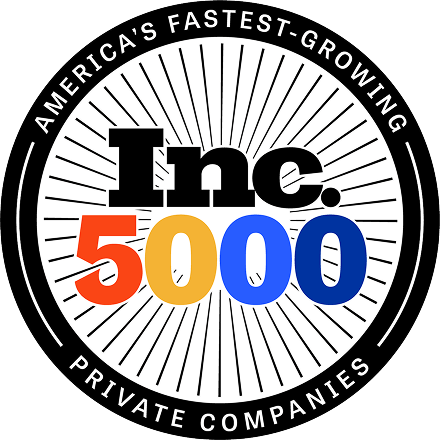 A circular logo featuring "Inc. 5000" with "America's Fastest-Growing Private Companies" around the edge and colorful "5000"