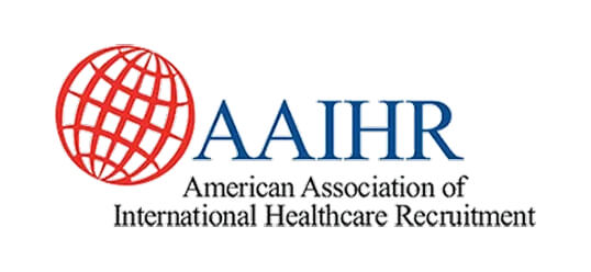The logo of the American Association of International Healthcare Recruitment features a red globe and blue text.