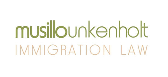 The logo features the name "Musillounkenholt" with "IMMIGRATION LAW" below in light orange, on a white background.