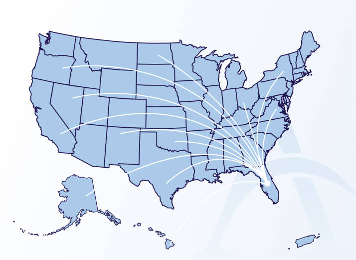 Avant Program Overview Hero2 A map of the United States with lines connecting various states to a central point in Florida.
