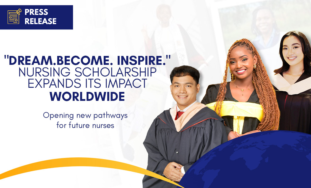 A diverse group of graduates in caps and gowns celebrating nursing scholarship expansion worldwide.
