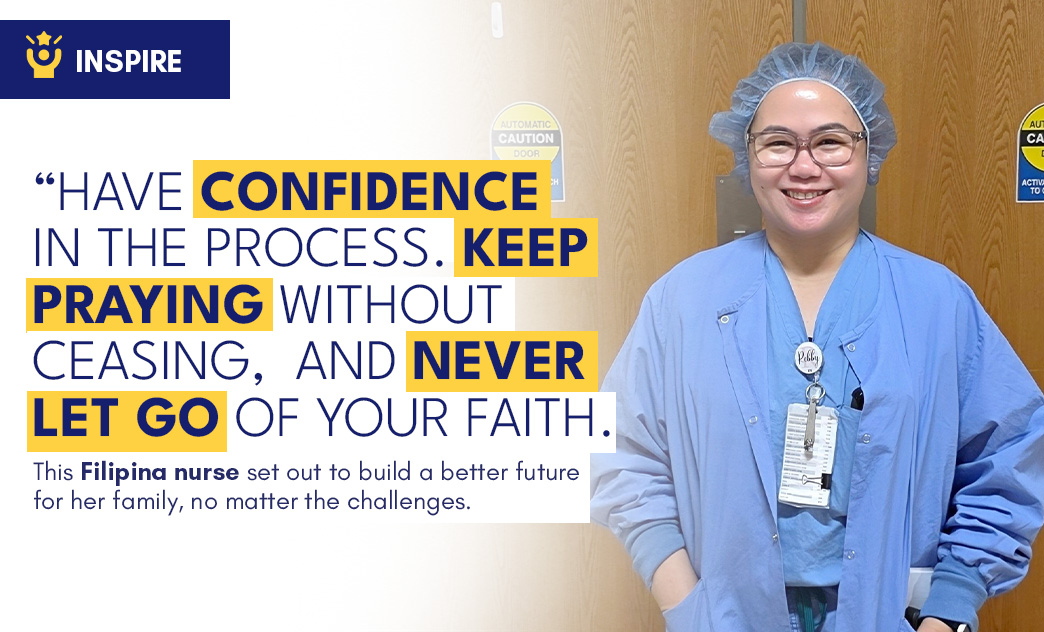 A smiling Filipino nurse in scrubs and a hair cap stands in front of a wooden wall, promoting confidence, faith, and