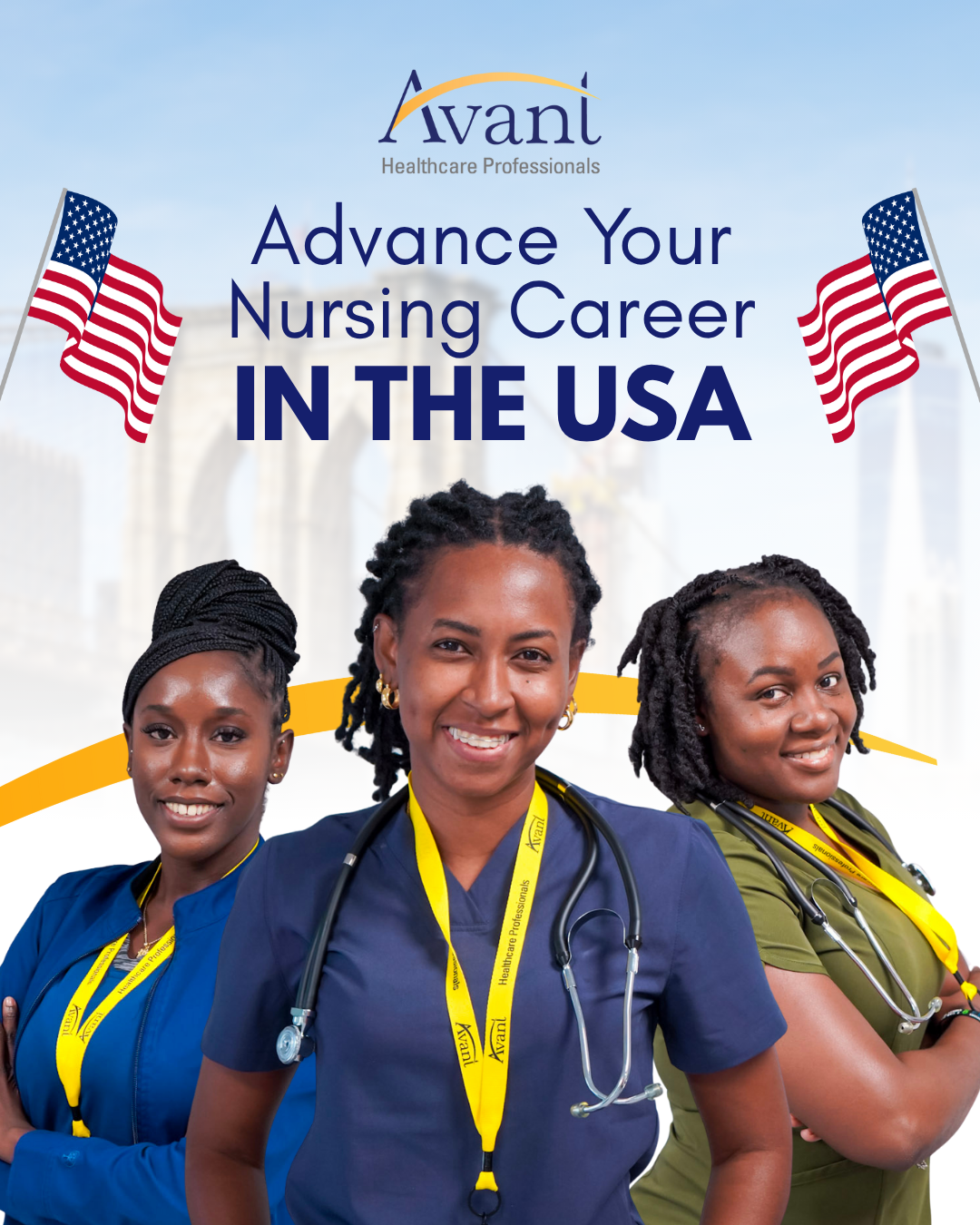 Three diverse nurses smiling with stethoscopes, promoting nursing career growth in the USA.