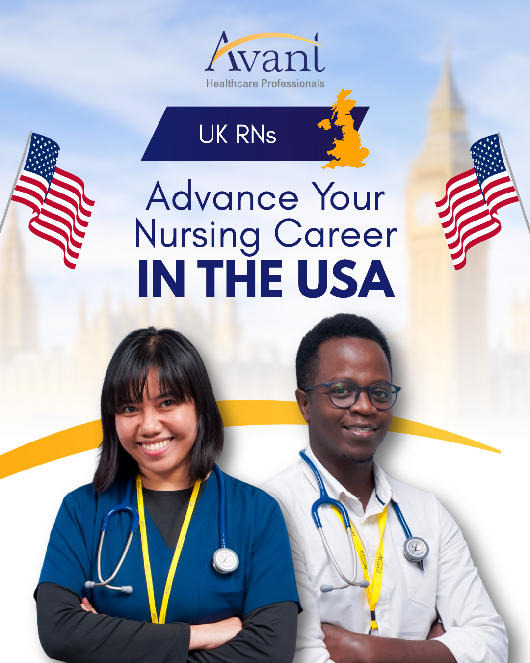 Two healthcare professionals, a woman and a man, stand confidently with arms crossed, promoting nursing career advancement