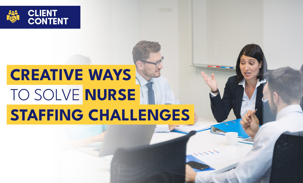 A diverse group of professionals discusses solutions to nurse staffing challenges in a modern meeting room.