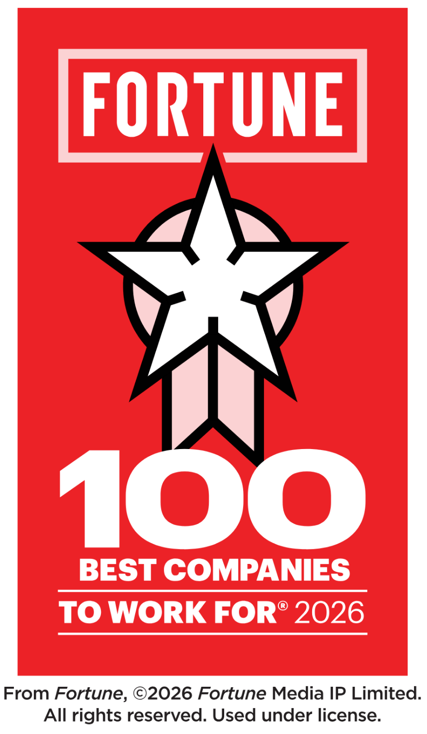 A red background with a white star and ribbon design, featuring the text "Fortune 100 Best Companies to Work For 2026."