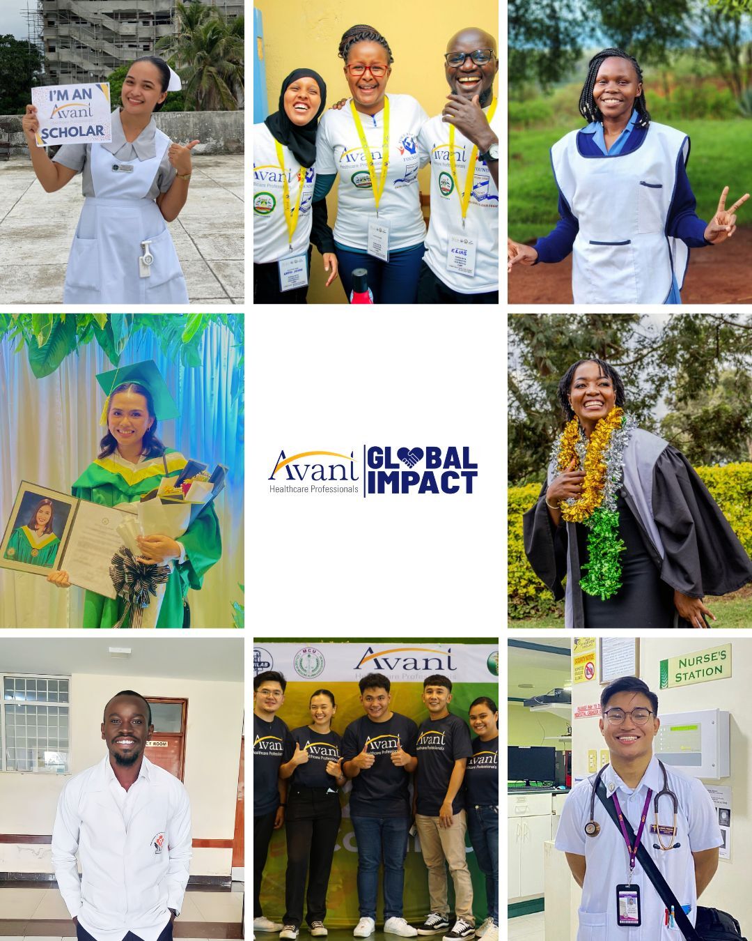 GI Collage- World Scholarship Collage of diverse students and professionals celebrating scholarship achievements with smiles, caps, gowns, and medals.