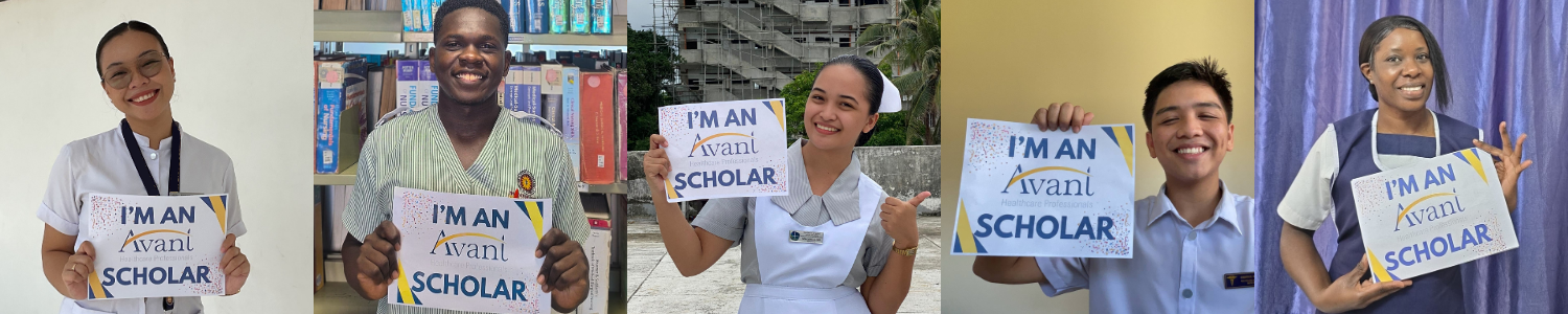 GI_World Scholarship_Avant Scholar Collage_3 Six diverse students holding signs that say "I'm an Avani Scholar," celebrating their scholarship achievement.