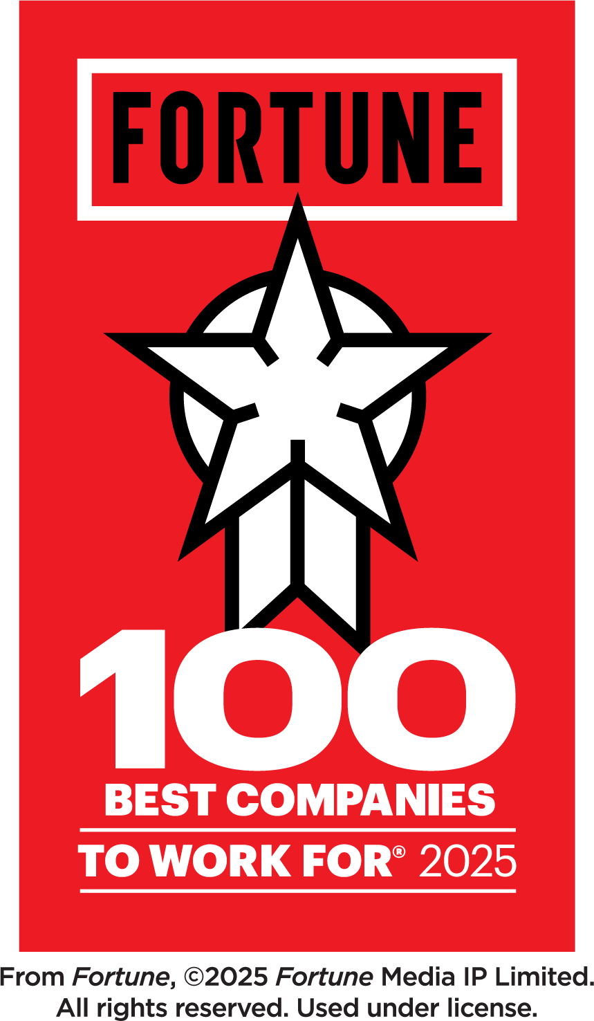 Red background with a white star and arrow, featuring the text "Fortune 100 Best Companies to Work For 2025" in bold black