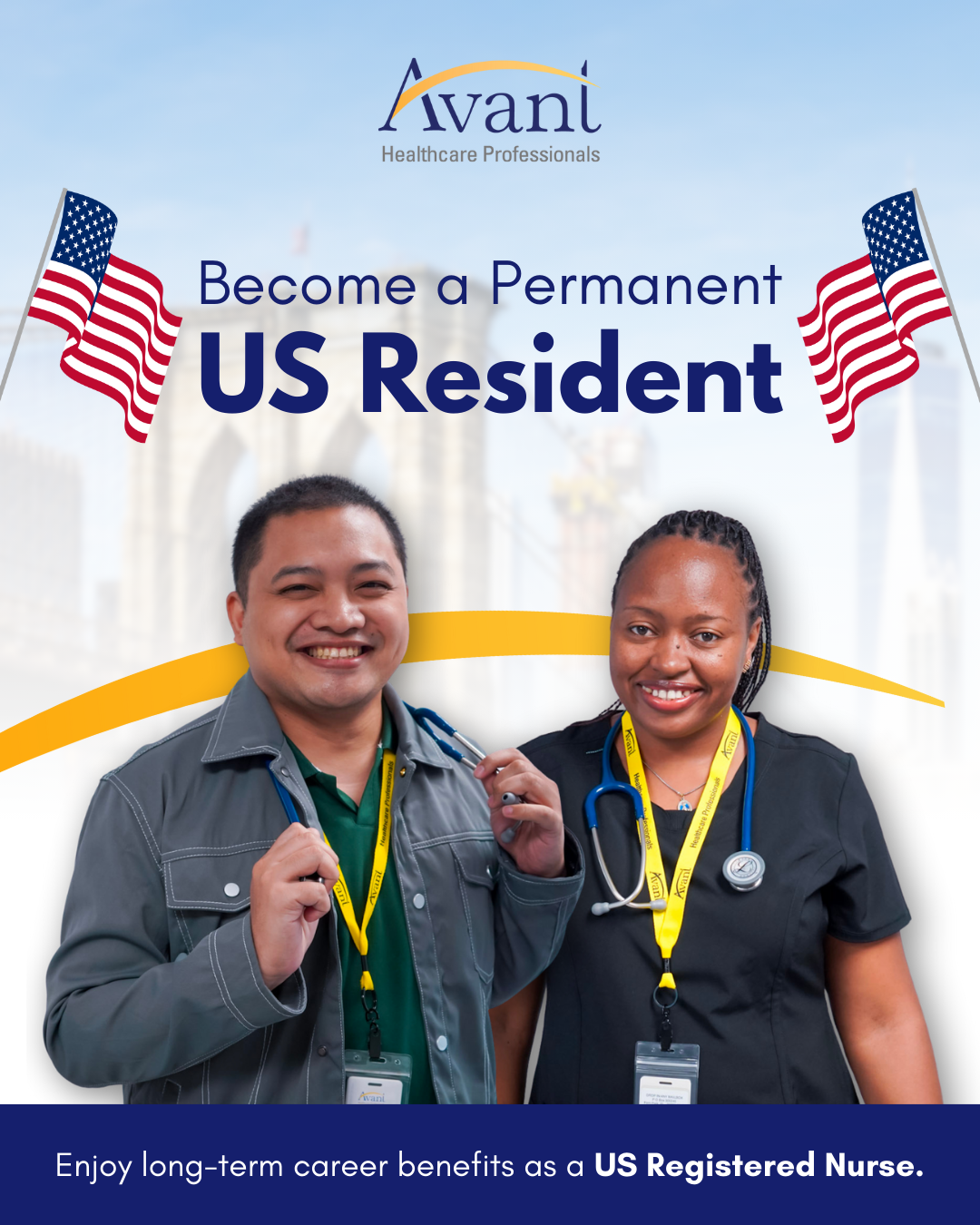 Two healthcare professionals, a man and a woman, smile while wearing scrubs and stethoscopes, promoting US residency for