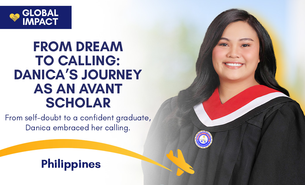 A smiling woman in graduation attire with a Philippines badge, celebrating her journey from self-doubt to confident scholar.