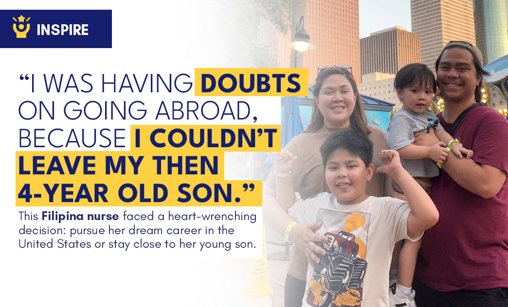A Filipino nurse with her young son and family outdoors in an urban setting, smiling and celebrating her career decision.
