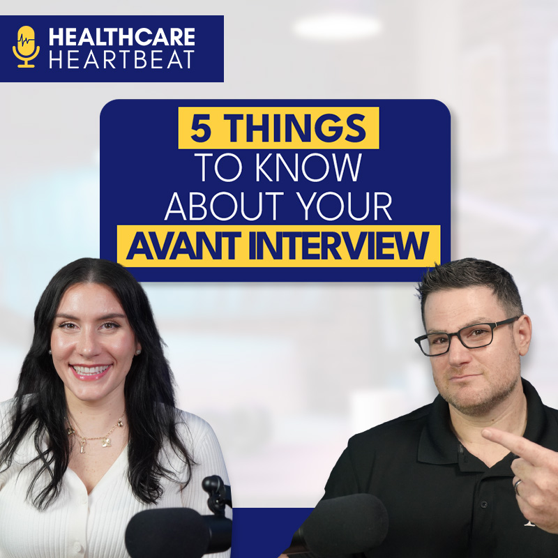 A smiling woman and a serious man sit in front of microphones with a sign behind them reading "5 Things to Know About Your