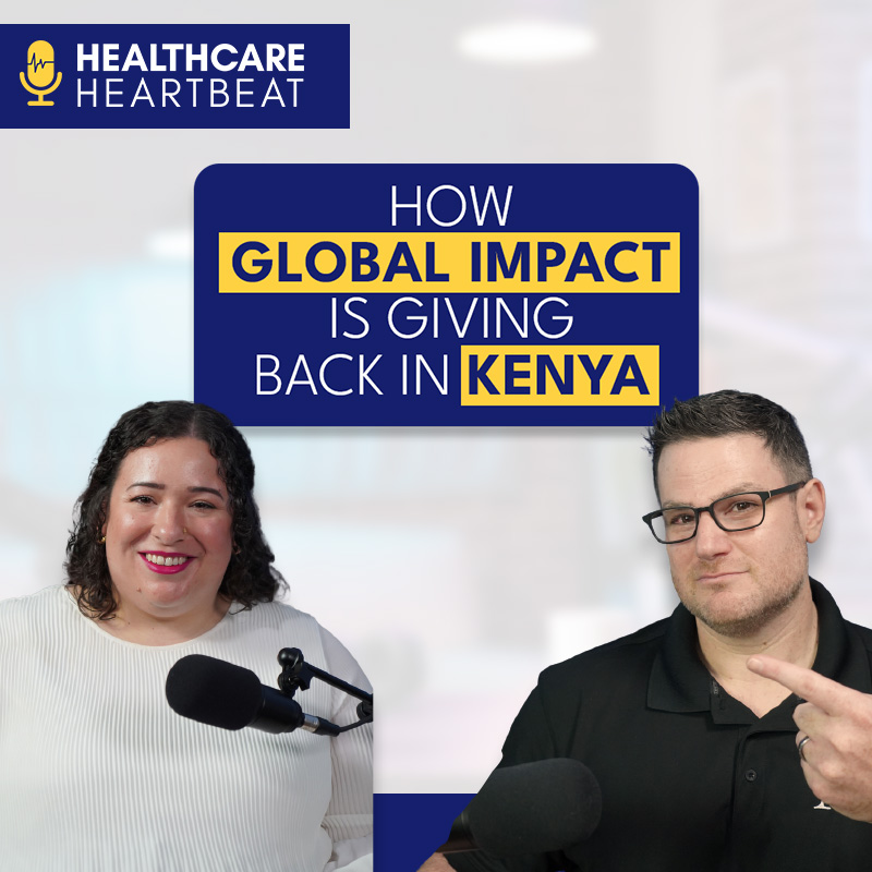 Two podcast hosts discuss global health impact in Kenya, with a blue and yellow sign behind them reading "How Global Impact