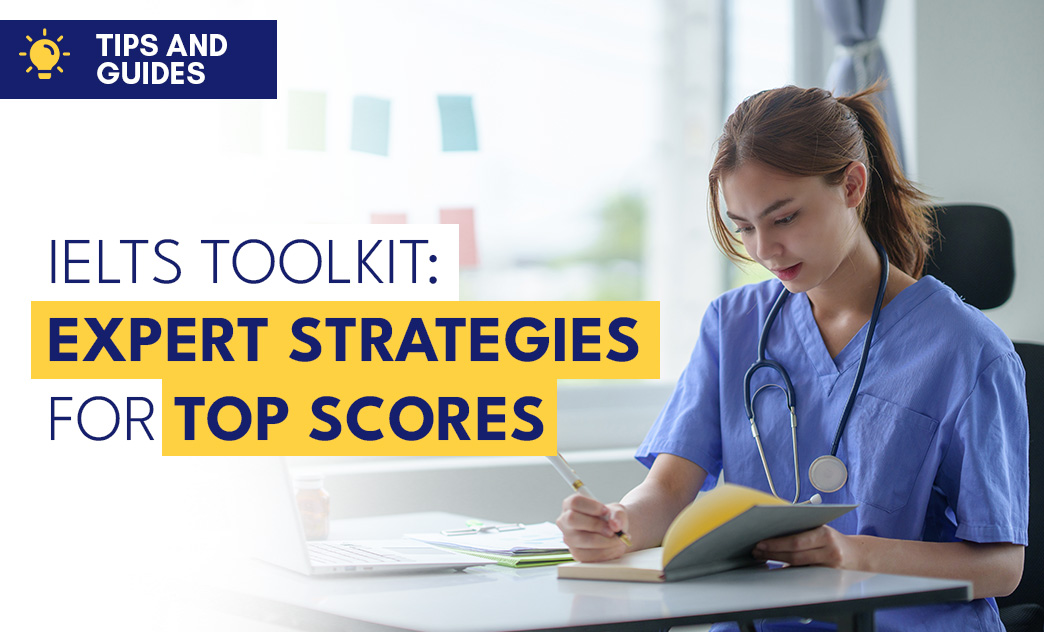 A nurse in blue scrubs reviews notes at a desk with a stethoscope around her neck, promoting IELTS strategies for top scores.