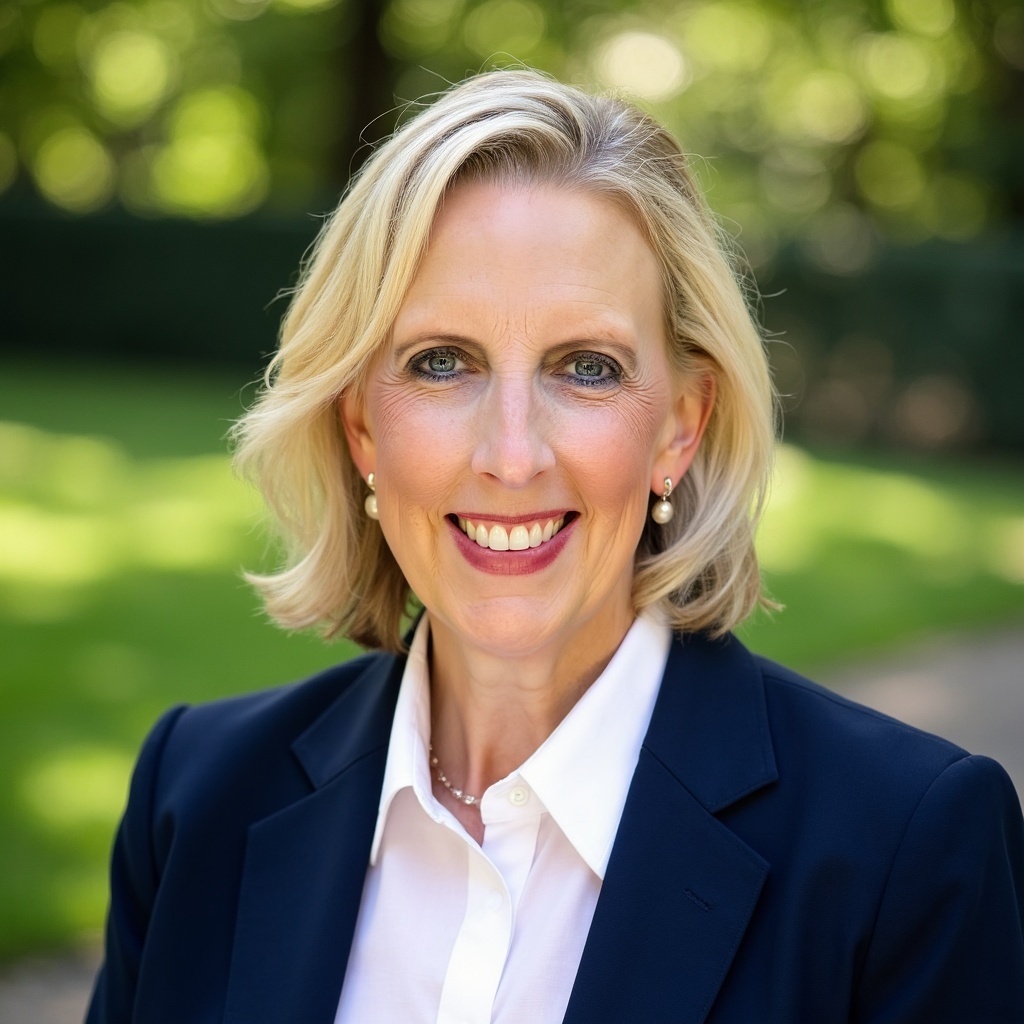 A smiling blonde woman with blue eyes, wearing pearl earrings and a navy blazer, outdoors with a blurred green background.