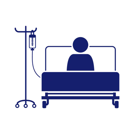A person lying in a hospital bed connected to an IV stand with a bag hanging, depicted as a simple blue icon.