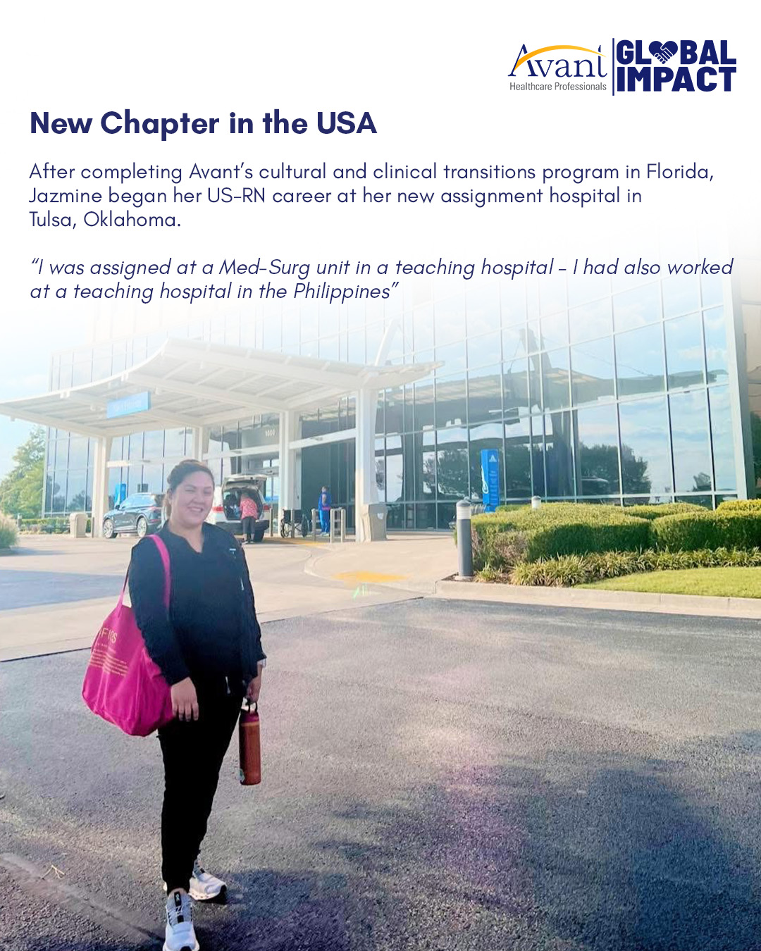 Jazmine stands outside a modern hospital with a pink bag, wearing a black outfit and holding a water bottle.