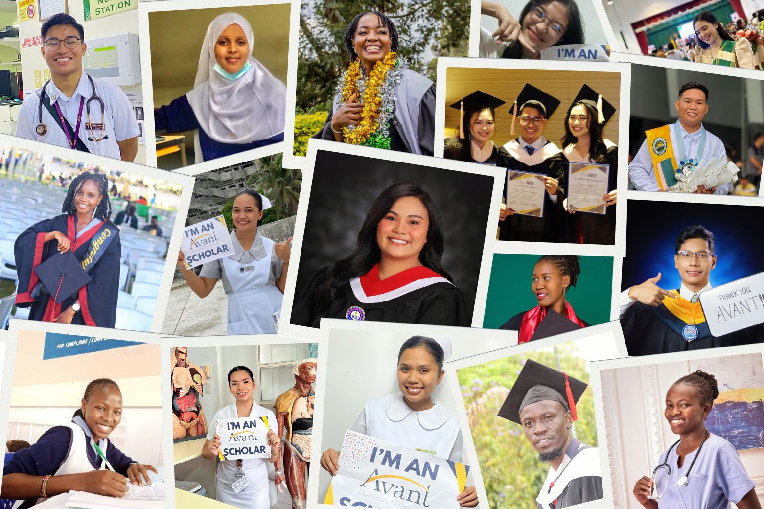 Collage of diverse students celebrating academic achievements and holding signs for the World Scholarship program.