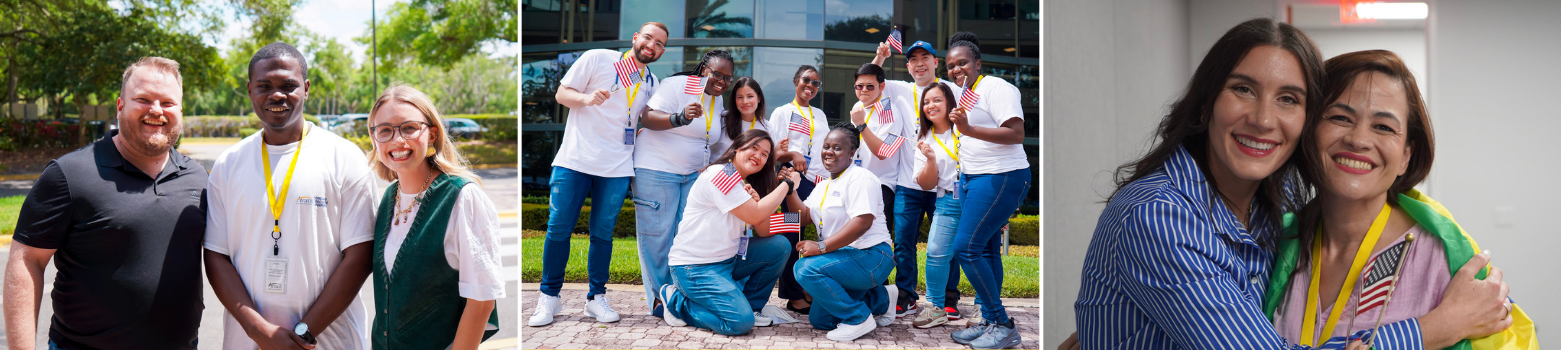 A diverse group of people smiling and celebrating outdoors, holding American flags and wearing yellow lanyards.