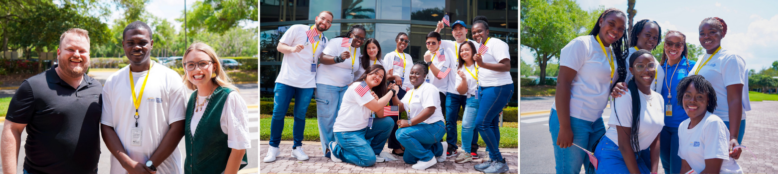 Group of diverse people smiling outdoors, holding American flags, celebrating together on a sunny day.