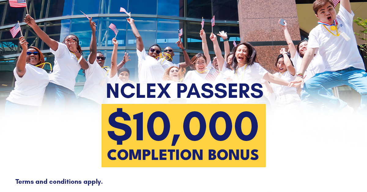 Group of diverse students celebrating outdoors with American flags, promoting a $10,000 NCLEX passers completion bonus.