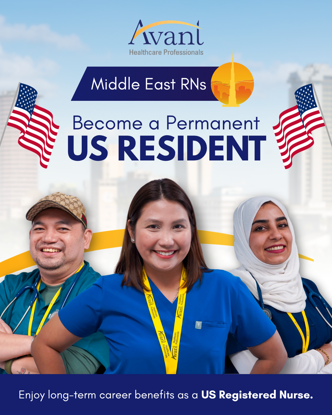 Three diverse healthcare professionals in scrubs and stethoscopes smiling, promoting becoming a U.S. permanent resident