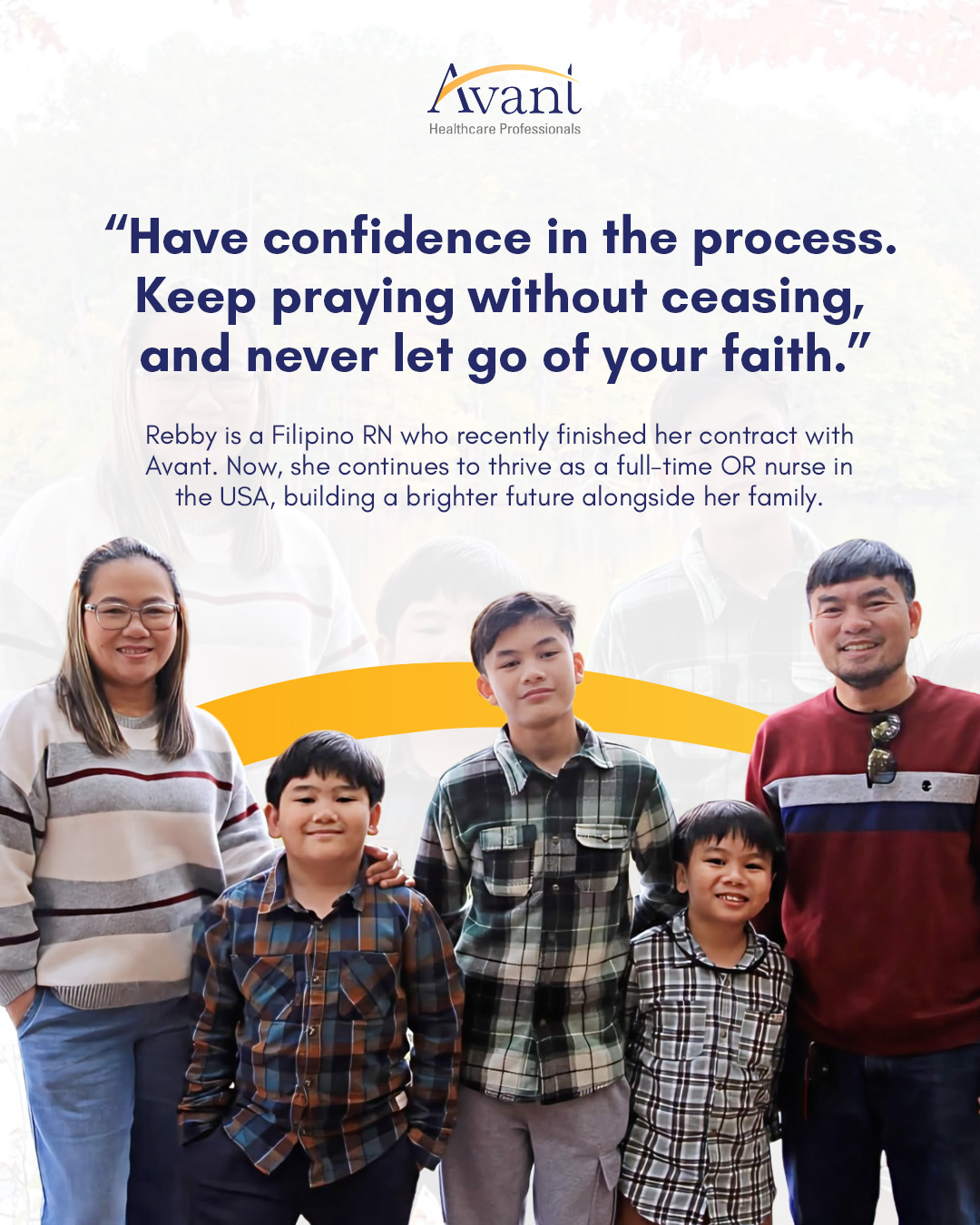 A Filipino family of five smiling outdoors, with a quote about faith and perseverance overlaid on the image.