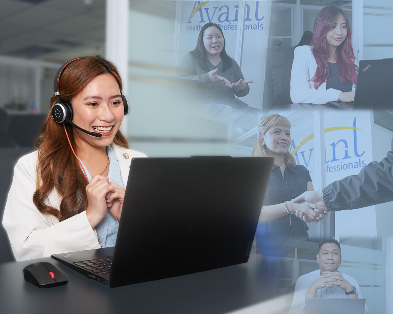 A recruiter wearing a headset smiles at her laptop during a virtual interview with multiple candidates in a professional