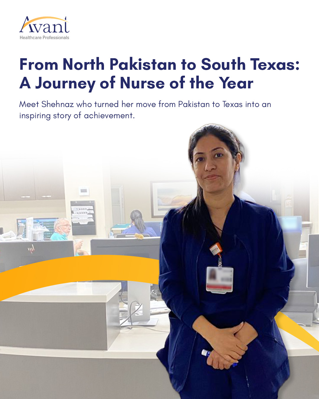 Shehnaz in a navy uniform with a name badge, standing in a hospital reception area.