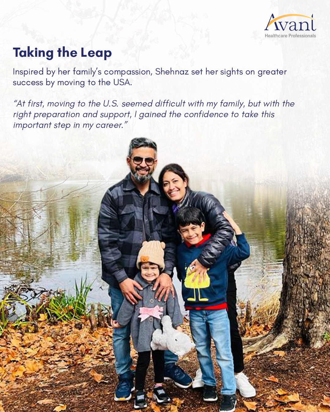 Shehnaz, a woman with dark hair, is smiling and hugging her two children outdoors near a lake with autumn leaves.
