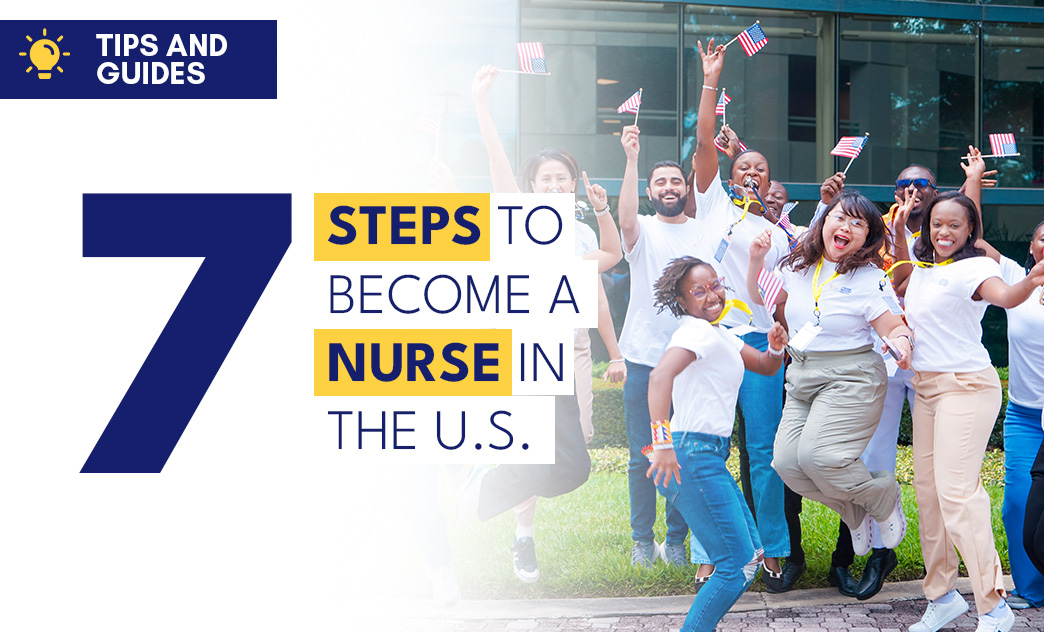 Group of diverse young people celebrating outdoors with American flags, promoting tips to become a nurse in the U.S.