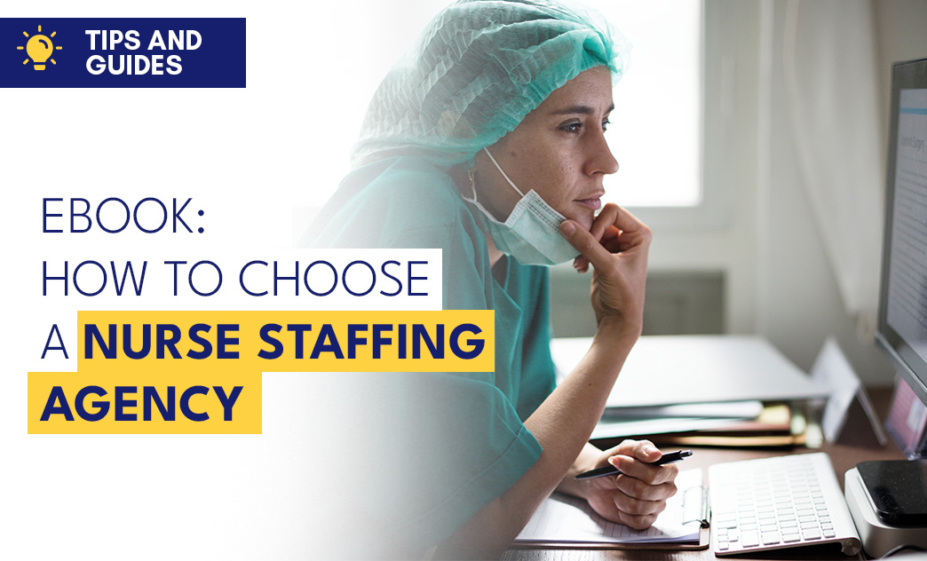 A nurse in scrubs and a mask looks thoughtfully at a computer screen, with a guide titled "Tips and Guides - Ebook - Nurse