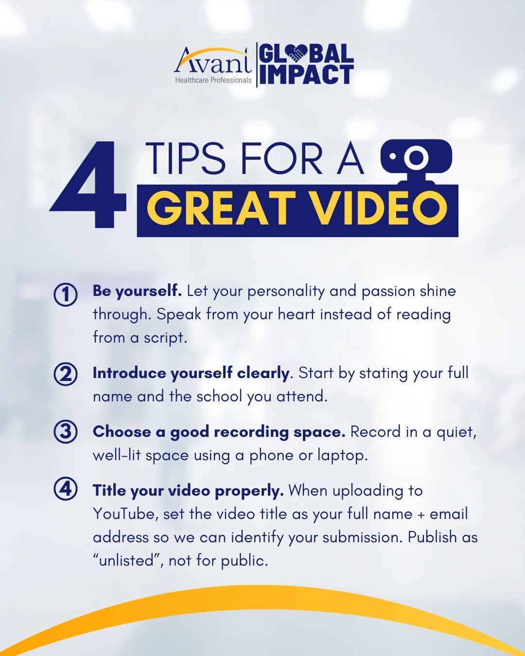 Tips for a Great Video- World Scholarship 2026 (1080 x 1350 px) (1) Tips for creating a great video, including being authentic, introducing yourself clearly, choosing a quiet recording space,